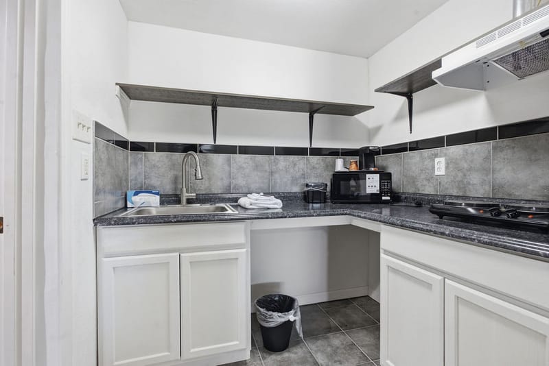 The room's kitchenette with a sink, microwave, two-burner cooktop, and white cabinetry