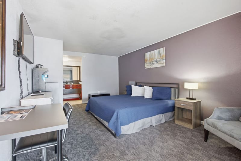 Premium room with blue bedspread, chaise seating, and accent wall