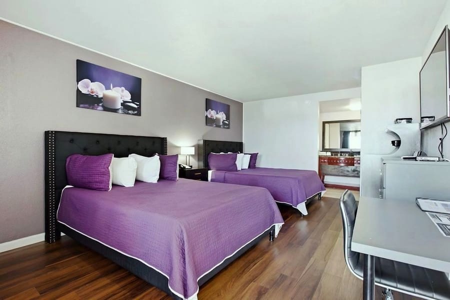Premium room with two queen beds, violet bedding and a tufted headboard